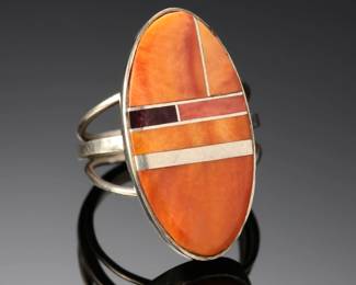 Native American Silver Mosaic Inlay Ring Spiny Oyster SZ: 7.25