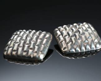 Vintage Mexican Sterling Silver Puffy Brick Lay Clip-On Earrings