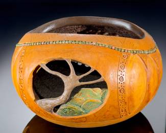 Artist Made Hand Carved Gourd Bowl SWK 2008 Distant Hills