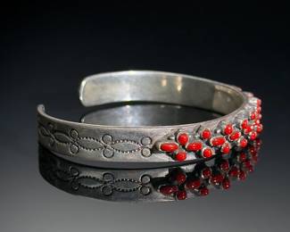 Vintage Navajo Silver & Red Coral Cuff Bracelet Signed Native American Jewelry