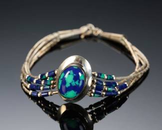 Native American Liquid Sterling Silver Azurite Malachite Multi-Strand Bracelet