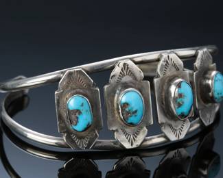 Vintage Navajo Sterling Silver & Bisbee Turquoise Cabochon Cuff Bracelet SZ: 7 Native American Jewelry