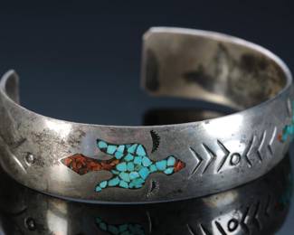 Vintage Navajo Peyote Bird Turquoise & Coral Chip Inlay Cuff Bracelet Native American Jewelry
