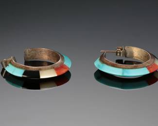 Zuni Inlay Multi-Stone Hoop Earrings Native American Jewelry