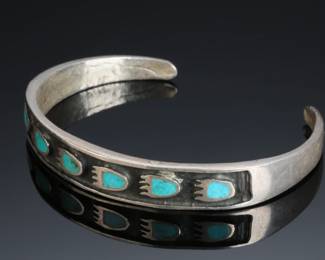 Vintage Navajo Silver Bear Claw Turquoise Inlay Cuff Bracelet SZ: 6.25 Native American Jewelry