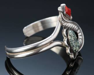 Navajo Donny & Dorothy Clark Damale Turquoise & Coral Silver Cuff Bracelet SZ: 6.5 Native American Jewelry
