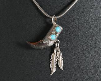 Navajo Silver Turquoise Bear Claw Pendant Necklace Native American Jewelry