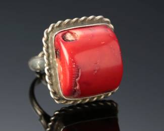 Native American Sterling Silver & Coral Ring DZI