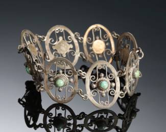 Vintage Mexican Sterling Silver & Turquoise Panel Bracelet