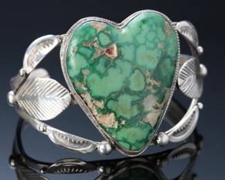 Fred Harvey Era Navajo Sterling Carico Lake Turquoise Heart Cuff Bracelet SZ: 6.25 Native American Jewelry