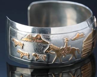 Navajo Virgil Reeder Silver & Gold Overlay Cuff Bracelet SZ: 7 Storyteller Native American Jewelry