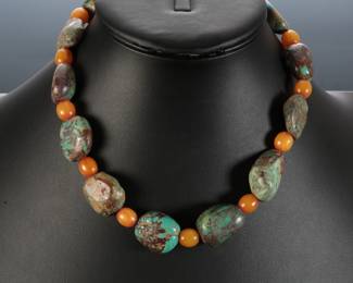 Authentic Hubei Nugget Turquoise & Amber Bead Silver Necklace