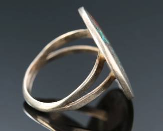 Native American Chip Turquoise & Coral Cardinal Bird Ring SZ: 7