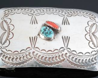 Navajo Hand Stamped Silver Turquoise & Coral Belt Buckle Native American
