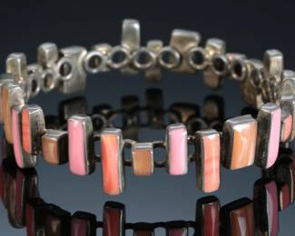Mexican Silver & Coral Artist Made Bangle Bracelet