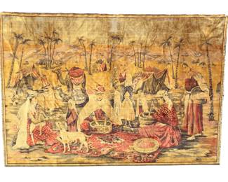 Vintage French Arab Life Scene Wall Hanging Tapestry