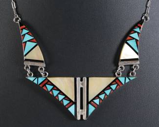 Navajo Sunburst Designed 4 Panel Multi-Stone Inlaid Sterling Necklace Native American Jewelry