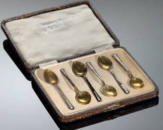 Enamel Gold Plated Sterling Silver English Demitasse Spoon Set in Case