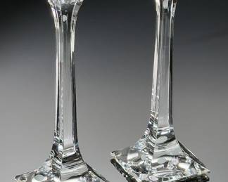 2pc Tiffany & Co Crystal Glass Candle Holder Set Tapered Column Candlesticks