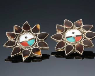 Vintage Zuni Multi-Stone Inlay Sun Face Kachina Clip-On Earrings Native American Jewelry