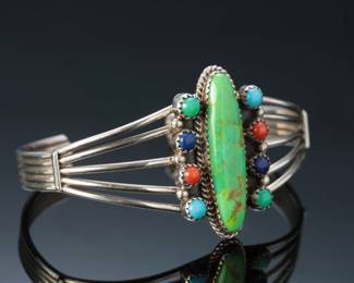 Navajo Running Bear Orville Jack Green Turquoise Coral Lapis Lazuli Cuff Bracelet SZ: 6.5 Native American Jewelry