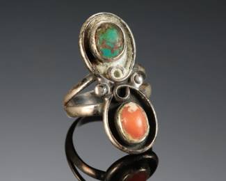Vintage Navajo Coral & Turquoise Silver Ring Native American Jewelry