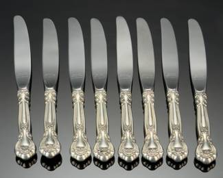 Lot of 8 Gorham Chantilly Table Knives Sterling Handle Stainless Steel Blade Flatware