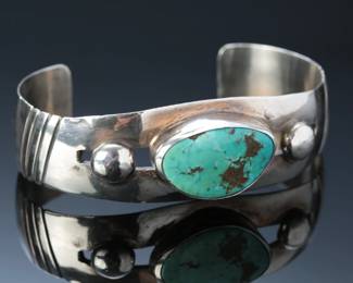Modern Navajo Silver & Kingman Turquoise Cuff Bracelet SZ: 6.5 Native American Jewelry