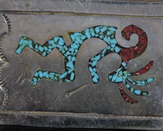 Vintage Navajo Turquoise & Coral Chip Inlay Kokopelli Money Clip