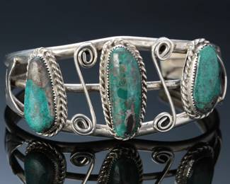 Navajo Silver & 3-Stone Lone Mountain Turquoise Cuff Bracelet SZ: 6.5 Native American Jewelry