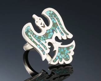 Vintage Navajo Peyote Bird Turquoise Chip Inlay Ring SZ: 8 Native American Jewelry