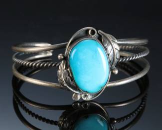 Navajo Traditional Turquoise & Silver Cuff Bracelet Native American Jewelry