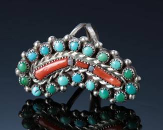 Vintage Navajo Coral Brand & Snake Eye Turquoise Ring SZ: 6 Native American Jewelry