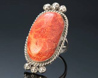 Vintage Navajo Sterling Silver & Coral Ring Signed SZ: 7.75 Native American Jewelry