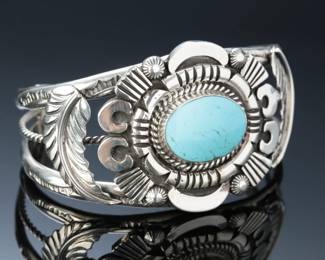 Navajo Running Bear Sterling Silver & Sleeping Beauty Turquoise Cuff Bracelet SZ: 6.75 Native American Jewelry