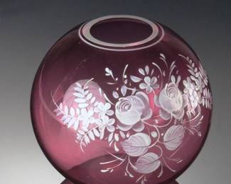 German Vintage Cranberry Glass Floral Ball Vase