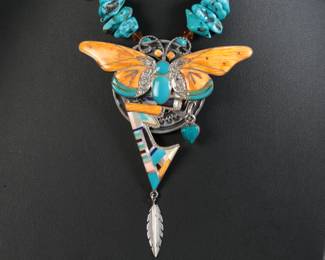 Native American Spiny Oyster Turquoise MOP Butterfly Necklace