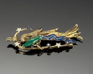 Celestial Water Bearer: Aquarius Zodiac Brooch Estate Jewelry Enameled and Jeweled