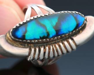 Navajo Sarah Dickens Sterling Silver & Ammonite Ring SZ: 7 Native American Jewelry