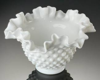 Fenton Hobnail Milk Glass Squat Vase W/ Ruffled Rim