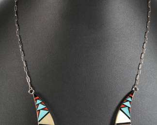 Navajo Sunburst Designed 4 Panel Multi-Stone Inlaid Sterling Necklace Native American Jewelry