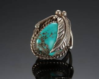 Classic Navajo Silver & Turquoise Leaf Ring Native American Jewelry