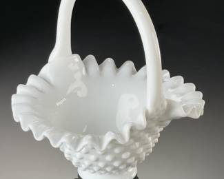 Vintage Fenton White Hobnail Milk Glass Basket Ruffled Rim Applied Handle