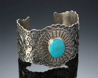 Hopi Chimney Butte Hand Stamped Sterling Silver & Turquoise Cuff Bracelet SZ: 7.5 Native American Jewelry