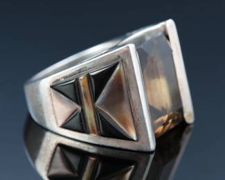 Robert Drozd Sterling & Intricate Smoky Quartz Setting MOP Onyx Ring SZ: 8.25