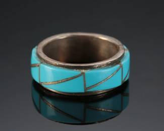 Vintage Zuni Turquoise Inlay Ring Native American Jewelry