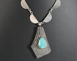 Navajo Gilbert Gomez Turquoise Sterling Silver Necklace Tufa Cast Native American Jewelry Sandcast
