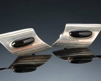 Navajo Allen & Paula Boyd Sterling Silver & Onyx Clip-On Earrings Native American Jewelry