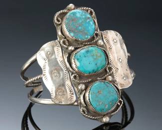 Fred Harvey Era Navajo Sterling Silver 3 Turquoise Cuff Bracelet SZ: 6.75 Native American Jewelry