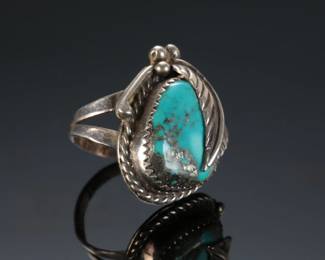 Classic Navajo Silver & Turquoise Leaf Ring Native American Jewelry